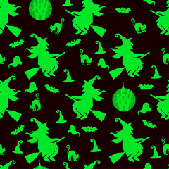 Abstract seamless halloween pattern for girls or boys. Creative vector background with cat, whitch, halloween. Funny pattern for textile and fabric. Fashion halloween style. Colorful bright picture