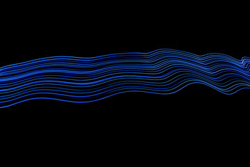 Long exposure, light painting photography.  Vibrant streaks of neon blue color lines against a black background.