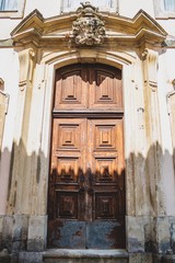Old Portuguese door. Classic architecture from Portugal. Vintage cultural style.