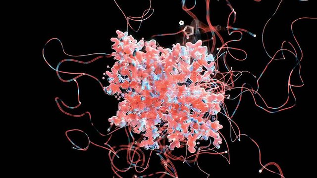 Stock motion graphics video shows an abstract cluster of particles and tentacle-like lines forming and rotating on a black background