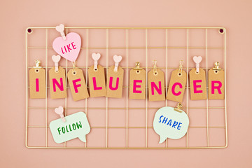 Influencer text on the golden colored mesh board