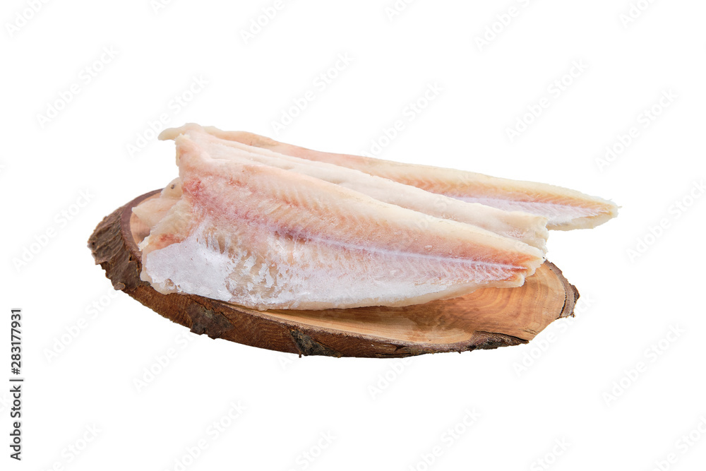 Sticker frozen fillet of pangasius isolated on white