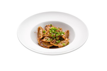 Deep-fried japanese gyoza or dumplings snack with soy sauce