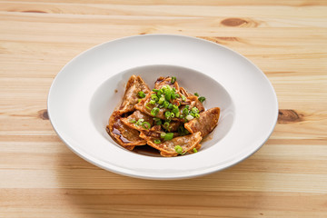 Deep-fried japanese gyoza or dumplings snack with soy sauce