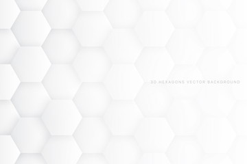 Fototapeta premium 3D Hexagons Vector White Abstract Background. Scientific Technologic Three Dimensional Hexagonal Blocks Light Conceptual Wallpaper. Tech Clear Blank Subtle Textured Backdrop
