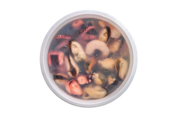 Top view of marinated octopus, shrimps and mussels isolated on white