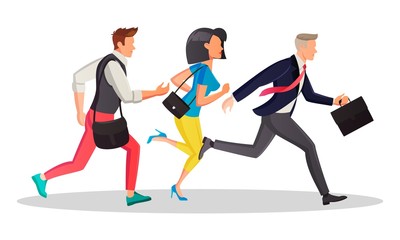Fototapeta na wymiar Students and business people running in the same direction to work, meeting in morning. People are late and hurry up. Motivation, competition, deadline, sale concept. Vector cartoon isolated on white.