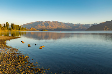 A low-level view along the edge of Lake Wanaka early in the morning as the sun rises on the hills in the distance, taken from the water's edge, rocks in the foreground.