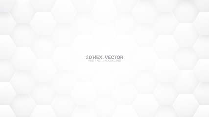 Technologic 3D Vector Hexagons White Abstract Background. Science Technology Hexagonal Blocks Pattern Conceptual Light Gray Wallpaper. Clear Blank Subtle Textured Banner Backdrop