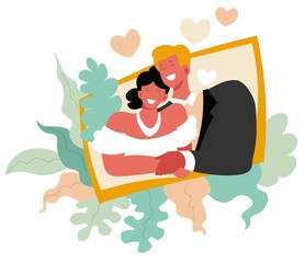 Wedding day photo in frame, marriage ceremony picture in framework