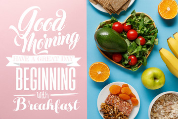 top view of diet food on blue and pink background with with good morning, have a great day...