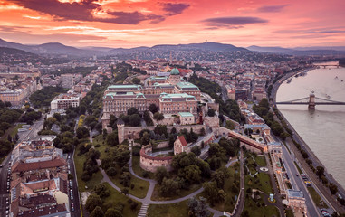 Budapest Hungary - Aerial panoramic skyline view of Budapest at sunset with Buda Castle Royal...