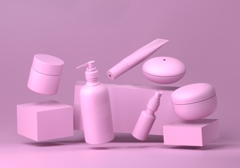 Cosmetic mock up set. Cosmetic packaging bottles jar and tube. Make up blank face cream tube, spray. Set of trendy realistic beauty products on light pink background. Skin or hair care. 3d rendering