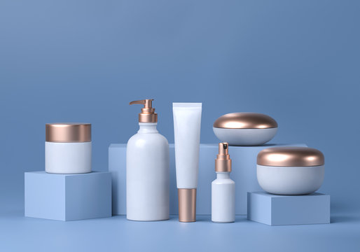 Cosmetic mock up set. Cosmetic packaging bottles jar and tube. Make up blank face cream tube, spray. Trendy white gold realistic beauty products on blue background. Skin or hair care. 3d rendering