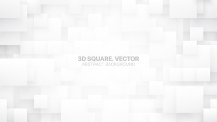 3D Vector Different Size Square Blocks Conceptual Technologic White Abstract Background. Tech Clear Blank Subtle Textured Backdrop. Science Technology Tetragonal Structure Light Wallpaper
