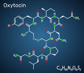 Oxytocin, Oxt, peptide hormone and neuropeptide molecule. Structural chemical formula on the dark blue background