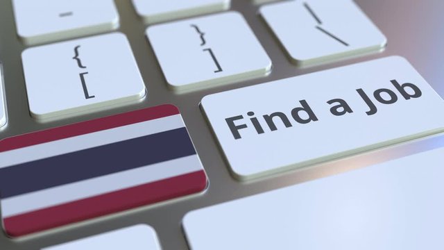 FIND A JOB text and flag of Thailand on the buttons on the computer keyboard. Employment related conceptual 3D animation