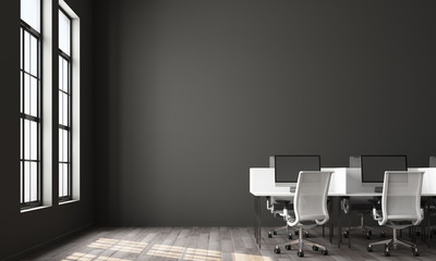 Interior of modern black office with rows of white computer tables with white chairs, wooden floor. 3d rendering