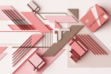 Credit card with gift box concept abstract composition of geometric shapes platforms in pastel pink tone. 3d rendering