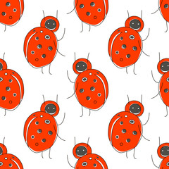 Cute cartoon seamless pattern with funny red bug: ladybird. Vector art concept in children illustration style. Can be used for poster, banner, background, t-shirt print, label, cover, wrapping