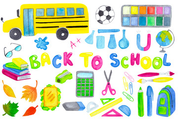 Watercolor set of school related items isolated on white background. Hand drawn illustration of yellow bus, stationery and class equipment, writing and painting material. Back to school lettering text