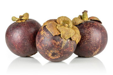 Group of three whole exotic deep purple mangosteen isolated on white background