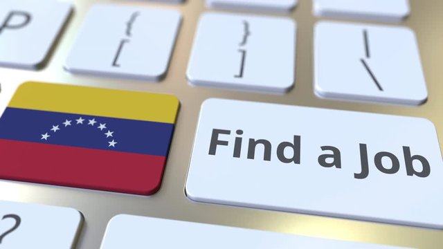 FIND A JOB text and flag of Venezuela on the buttons on the computer keyboard. Employment related conceptual 3D animation