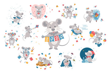 Big set of cute cartoon grey mice in different situations and poses isolated on a white background. Rat is a symbol of the 2020 Chinese New Year. Vector illustration