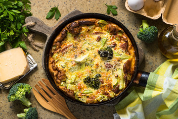 Frittata with sausage and vegetables in skillet.