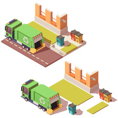Vector isometric street with garbage truck and separated waste containers. City waste recycling concept