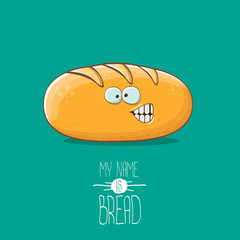 vector funky cartoon cute white loaf of bread character isolated on azure background. My name is bread concept illustration. funky food bakery character
