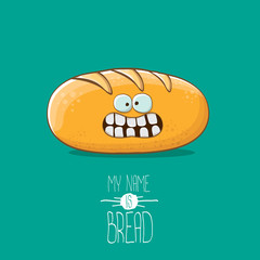 vector funky cartoon cute white loaf of bread character isolated on azure background. My name is bread concept illustration. funky food bakery character
