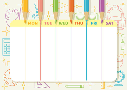 School timetable with color pencils draw colorful lines on light yellow paper with school and class elements line art