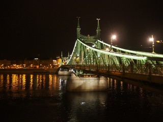 Old city center at night in Budapest, Hungary