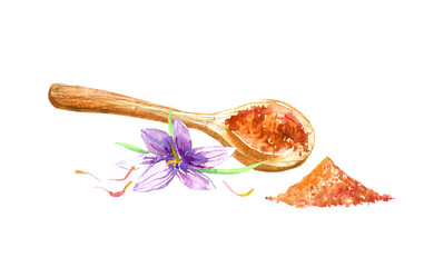 Wooden spoon, curry spices and saffron.Watercolor hand drawn illustration.White background. - 283186389