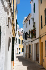Fototapeta na wymiar Streets of old city in Menorca Balearic Island Spain