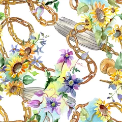 Papier peint Élément floral et bijoux Bouquet avec des fleurs botaniques florales de tournesols. Ensemble d& 39 illustrations de fond aquarelle. Motif de fond sans couture.