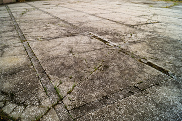 Obraz premium Old floor. Cracks and fractures on the surface. Grass grows through concrete.