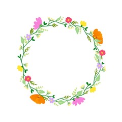 Hand draw of circle frame with colorful flowers. To feel like summer time.