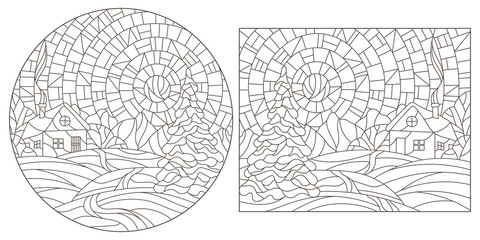 A set of contour illustrations of stained glass Windows with winter landscapes, dark contours on a white background