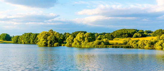 Calm pond and lush greenery of south bohemian landscape, Czech Republic