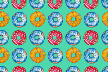 Hand drawn watercolor colored donuts in the glaze on a white background. Seamless pattern, sketch set, frame. Sweet food