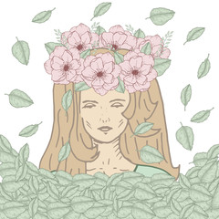 Obraz na płótnie Canvas Hand drawn yoga girl in wreath with wild rose flower and green leaves vector illustration