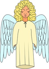 Holy angel with wings. An angel in long clothes and curly hair.