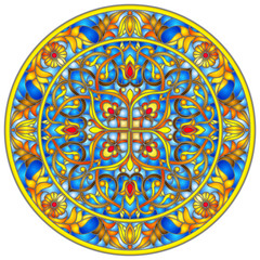 Illustration in stained glass style, round mirror image with floral ornaments and swirls