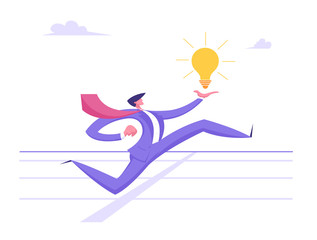 Business Man Character Running on Stadium Holding Glowing Light Bulb in Hand. Businessman Crossing Finish Track Line. Leadership, Creative Idea, Successful Leader Cartoon Flat Vector Illustration