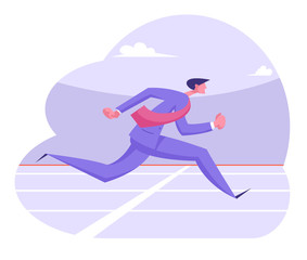 Young Running Business Man Character in Formal Suit Crossing Finish Line on Stadium. Successful Leader Businessman Leadership, Goal Achievement Corporate Competition Cartoon Flat Vector Illustration