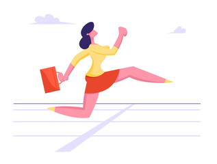 Business Woman Character Running on Stadium Track Holding Briefcase in Hand. Successful Businesswoman Leader Crossing Finishing Line. Challenge and Leadership Concept Cartoon Flat Vector Illustration