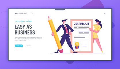 Business Man with Pencil and Woman Hold Insurance Certificate for Protection of Health, Life, Real Estate and Property Interests Web Page Banner, Website Landing Page. Cartoon Flat Vector Illustration