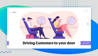 Business Trip Website Landing Page. Businessman Sitting in Comfortable Airplane Seat and Working on Laptop, Woman Drink Beverage. Passengers in Plane Web Page Banner. Cartoon Flat Vector Illustration